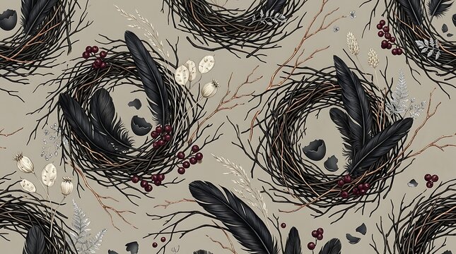 Vintage Bird Nest Pattern with Feathers Berries and Eggs Seamless Botanical Background for Textiles