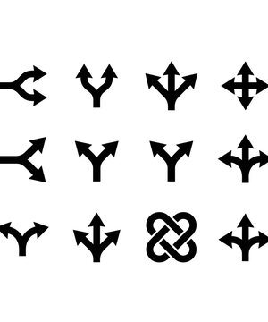 Set of various black arrow icons representing split paths directions and decision making concepts on white background