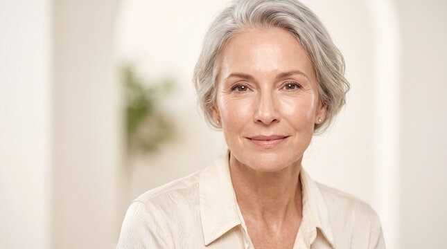 Serene elderly woman portrait with gentle expression and silver hair perfect for timeless beauty healthcare and dignified mature femininity concepts