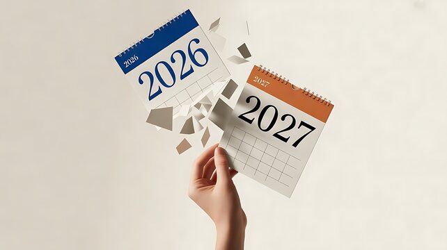 A human hand holding a 2027 calendar page while a 2026 calendar page shatters into pieces on a clean and minimalist light grey studio background