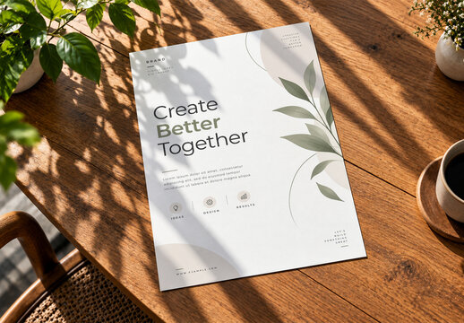 Minimal Poster Mockup On Wooden Table With Natural Sunlight