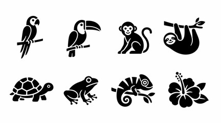 Fototapeta premium Tropical jungle icons with parrot monkey and sloth.