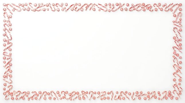 Rectangular frame made of red and white striped candy canes and peppermint swirl candies on a white background, festive holiday border, view