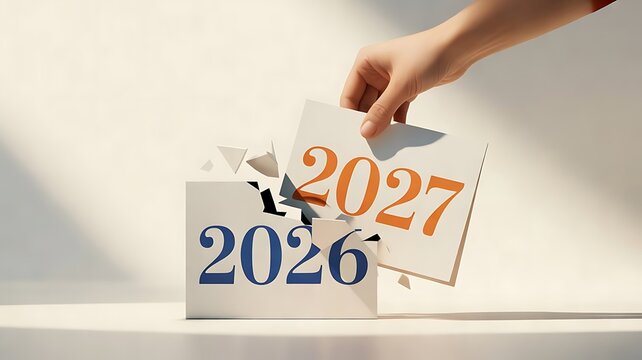A human hand placing a 2027 card onto a broken 2026 sign on a clean and minimalist light grey studio background, for a conceptual business
