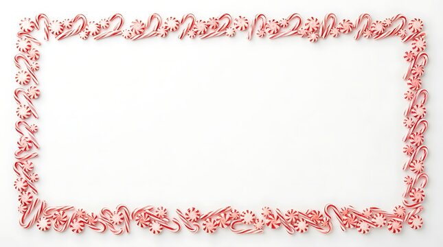 Rectangular border frame made of red and white striped candy canes and peppermint swirl candies on a clean white background surface