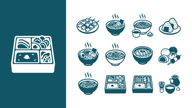 Vector collection of Japanese food icons including bento boxes, ramen bowls, yakitori skewers, onigiri rice balls, udon soup, katsudon, dango, and matcha tea ceremony elements.