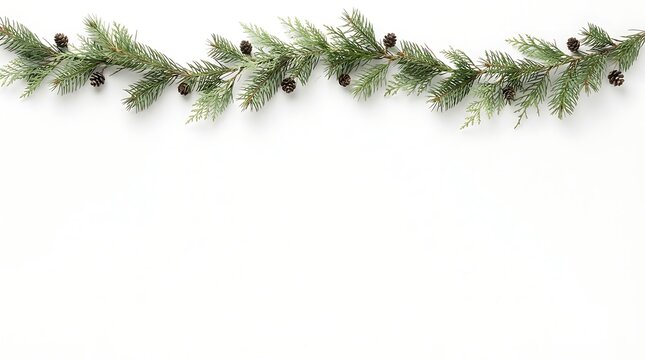 Christmas garland made of evergreen pine branches and small brown pine cones arranged in a straight line on a clean white background surface