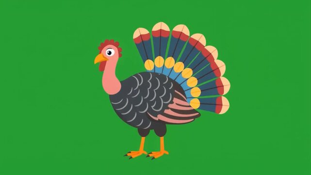 A cheerful cartoon style animated turkey character with colorful fanned tail feathers, gently bobbing its head and wiggling its tail, isolated on green screen chroma key