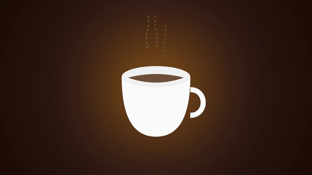 Hot coffee cup steaming with animated vector graphics against a dark brown background showcasing a cozy warm beverage concept in a minimalist graphic design style
