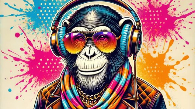 Animated funky chimpanzee in headphones and sunglasses moves with confident urban music style