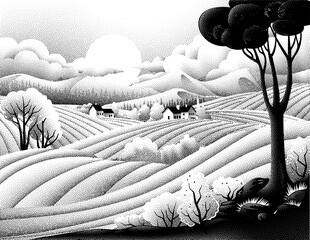 Obraz premium Fields rolling hills and mountains farm landscape background illustration with countryside mountains, sunrise sun, clouds and trees. Original rural background drawing in vintage pointillism dot style
