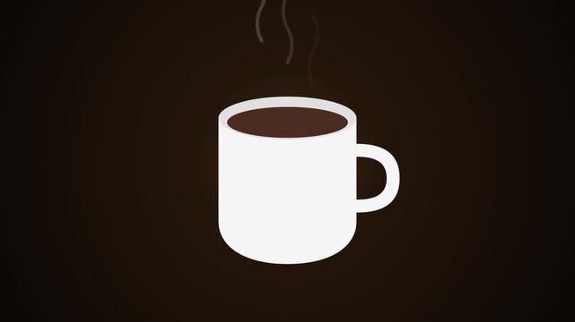 Coffee cup vector animation loop with rising steam on dark background, illustrating hot morning drink concept in simple graphic flat design style for cafe menu and restaurant promotion