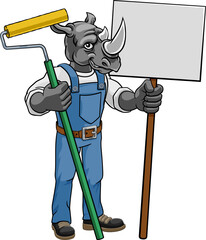 A rhino painter decorator handyman cartoon construction man mascot character holding a paint roller tool © Christos Georghiou
