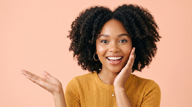 Cheerful woman shrugging with open palms on yellow background expressing playful uncertainty perfect for casual lifestyle and relatable social content