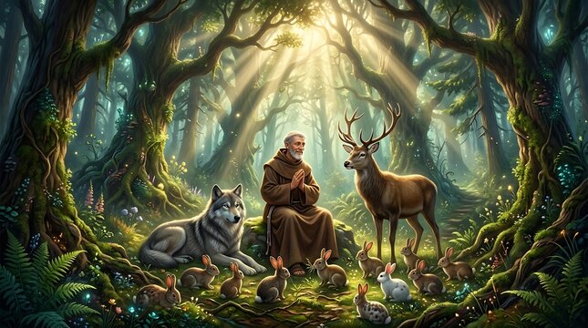 Feast of st francis of assisi with animals in a sacred grove