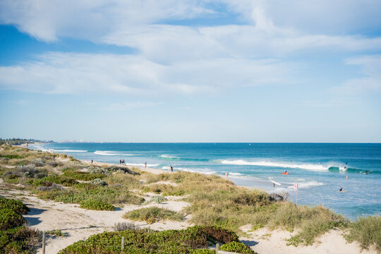 High angle elevated view of coastal sand dunes and turquoise ocean at Scarborough Beach, Perth