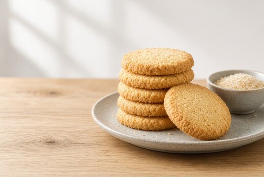 Stack of round butter cookies on a bright table