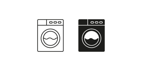 Washing machine line and filled icon for laundry and household chores. © huzaifa