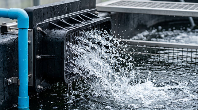 Close-up of clean water splashing through aeration channels in an eco-friendly inland recirculating aquaculture system, high shutter speed, clear water