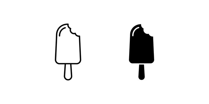 Bitten ice cream popsicle outline and solid flat vector icon set isolated.