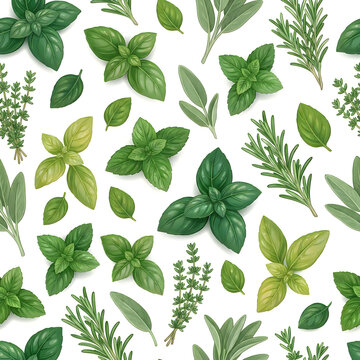 Fresh culinary herbs pattern with basil rosemary thyme and sage leaves on white background