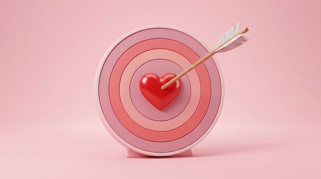 Glossy red heart sitting at center of circular pink archery target pierced by a sharp wooden arrow 3D render