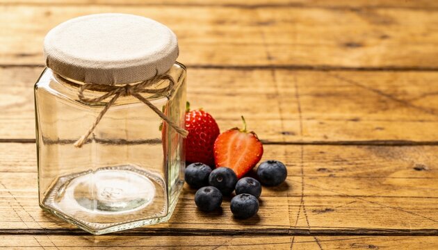 empty glass jar with lid, jam jar mockup, fruit preserve container, honey jar, berry jar, rustic jar, food packaging, storage jar, kitchen jar, clear glass jar, wooden background, organic food jar