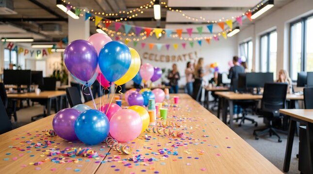 Vibrant colorful balloons with curly ribbons and scattered confetti resting on a long wooden office conference table during work celebration