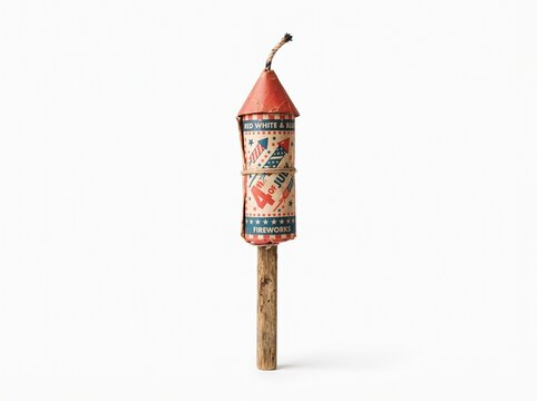Vintage firework rocket on wooden stick isolated.