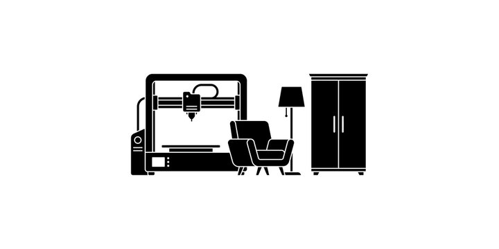 Industrial 3d printer with modern armchair floor lamp and closet cabinet.