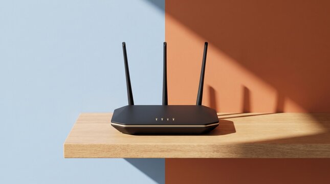 Modern black wireless internet router featuring three antennas sitting on a wooden shelf with sleek gold detailing and soft lighting