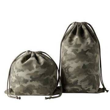 Two camo drawstring bags of different sizes isolated on transparent background