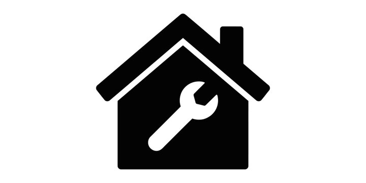 Home repair icon featuring black house silhouette and wrench element.
