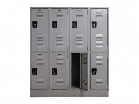 Row of grey metal school lockers with damaged door.