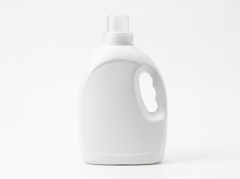 Liquid laundry detergent bottle on white background.