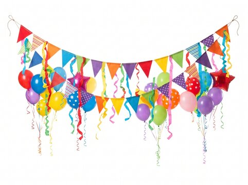 Colorful festive party decorations and hanging streamers with balloons.