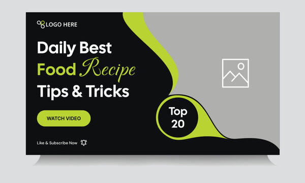 Food recipe daily tips and tricks video cover banner design, delicious food recipe tips and tricks video cover banner design, editable vector eps 10 file format