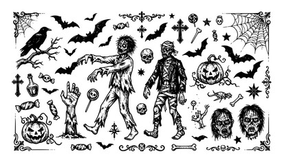 Fototapeta premium Vintage Halloween Monochrome Horror Elements Collection Vector Illustration