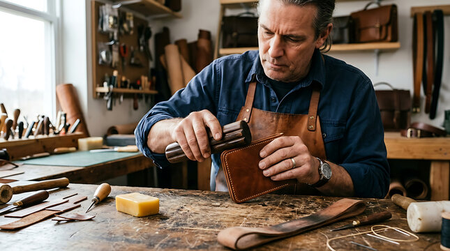 An artisan leather craftsman burnishing the edges of a handmade saddle-stitched leather wallet with beeswax and a wooden slicker