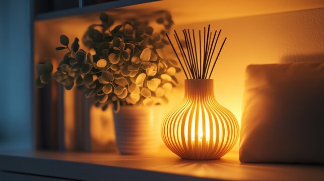 Warm glowing aromatherapy diffuser with reed sticks beside a decorative plant and cushion in a cozy interior, representing relaxation, wellness, fragrance, and home comfort.