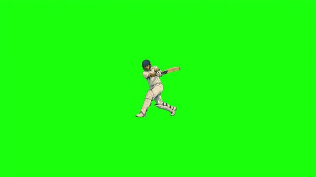 Cricket batsman playing a shot in white uniform and helmet vector illustration isolated on green screen.   