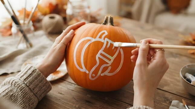 Close up of person hands painting a white pumpkin outline on an orange pumpkin, DIY autumn home decor craft activity on a wooden table.