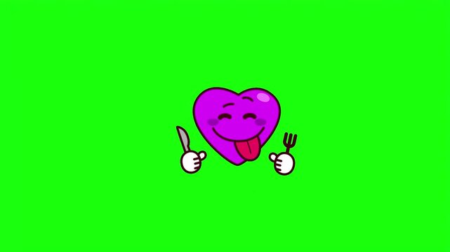 Purple heart character holding knife and fork with tongue out vector illustration isolated on green screen.   