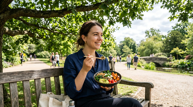 A young professional enjoying a quiet screen-free lunch eating a vibrant grain bowl on a sunny park bench under shady oak branches