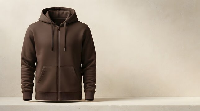 Brown blank zip up hoodie mockup on minimalist beige background with copy space for streetwear clothing brand template.