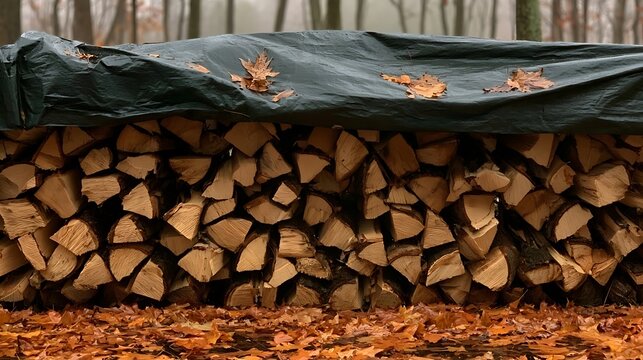 Stack of firewood covered with a tarp in an autumn forest setting.