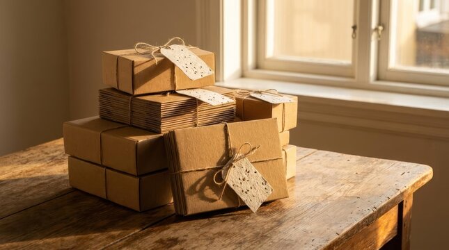 Stack of wrapped kraft paper gift boxes on wood.
