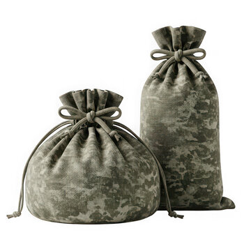 Two military camouflage drawstring bags isolated on transparent background for hiking gear