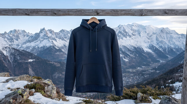 Blank navy blue hoodie mockup hanging on wooden hanger with snowy mountain winter landscape background, outdoor apparel template.