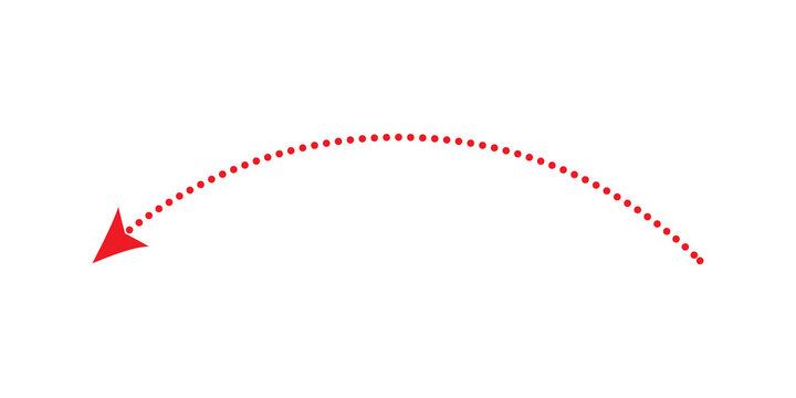 A curved red dotted line ending in an arrowhead isolated on a transparent background